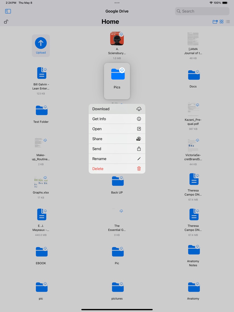 CumuloSync on iPad browsing Google Drive with a menu of file actions