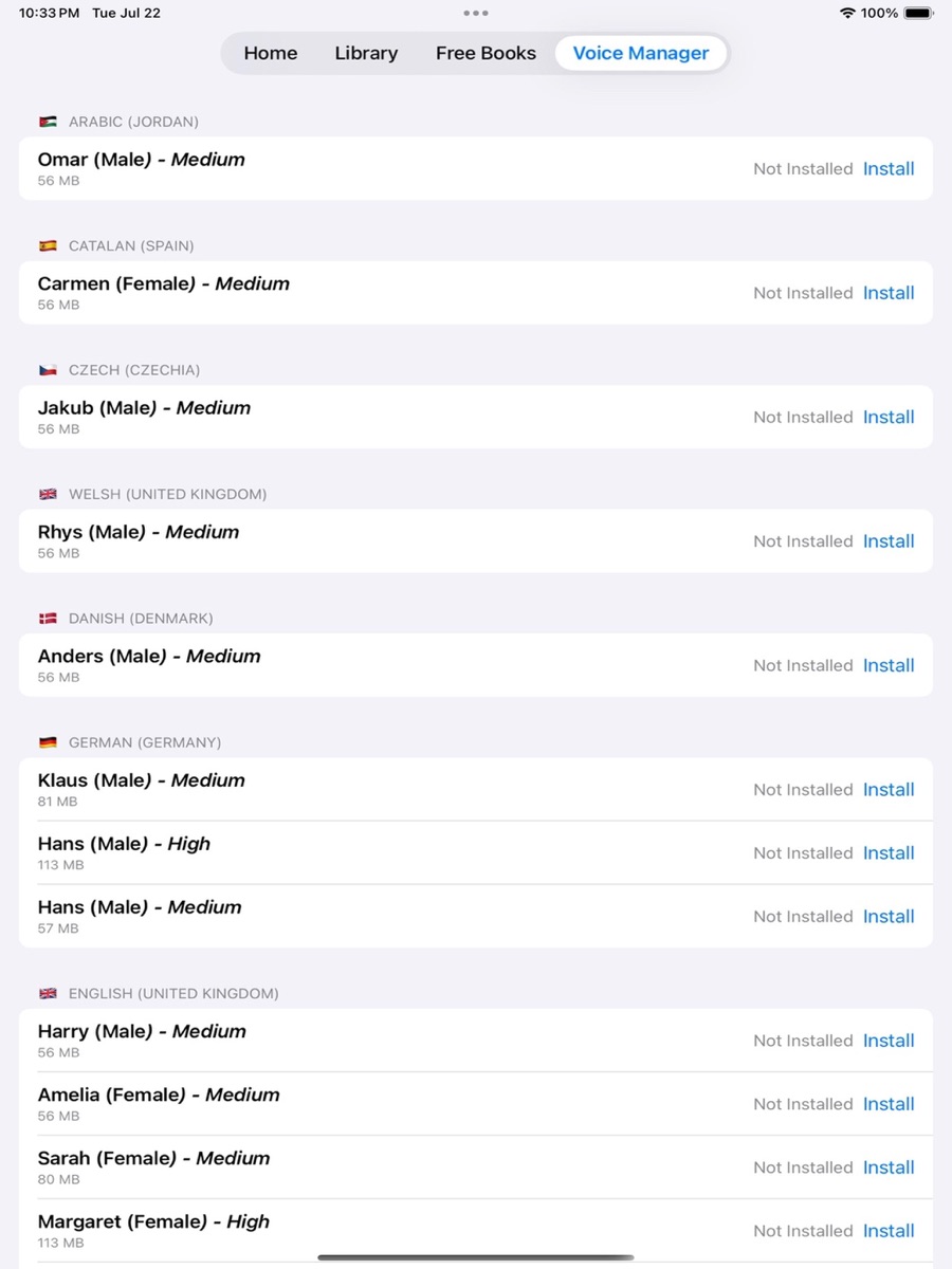 Libri Voice Manager listing downloadable on-device voices in multiple languages