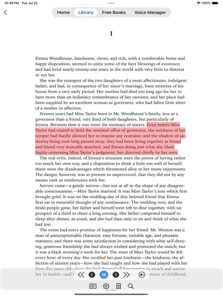 Libri Audiobooks on iPad with a highlighted EPUB passage and playback controls