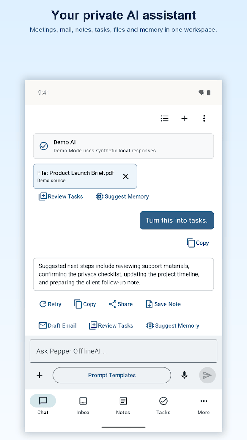 Published Pepper for Android preview showing a chat workspace with synthetic demo content.