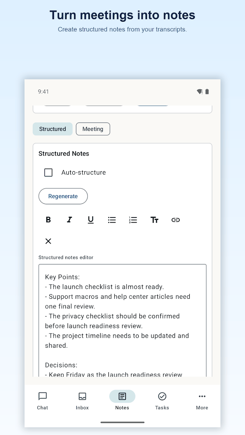 Published Pepper for Android preview showing meeting notes and a generated summary with synthetic demo content.