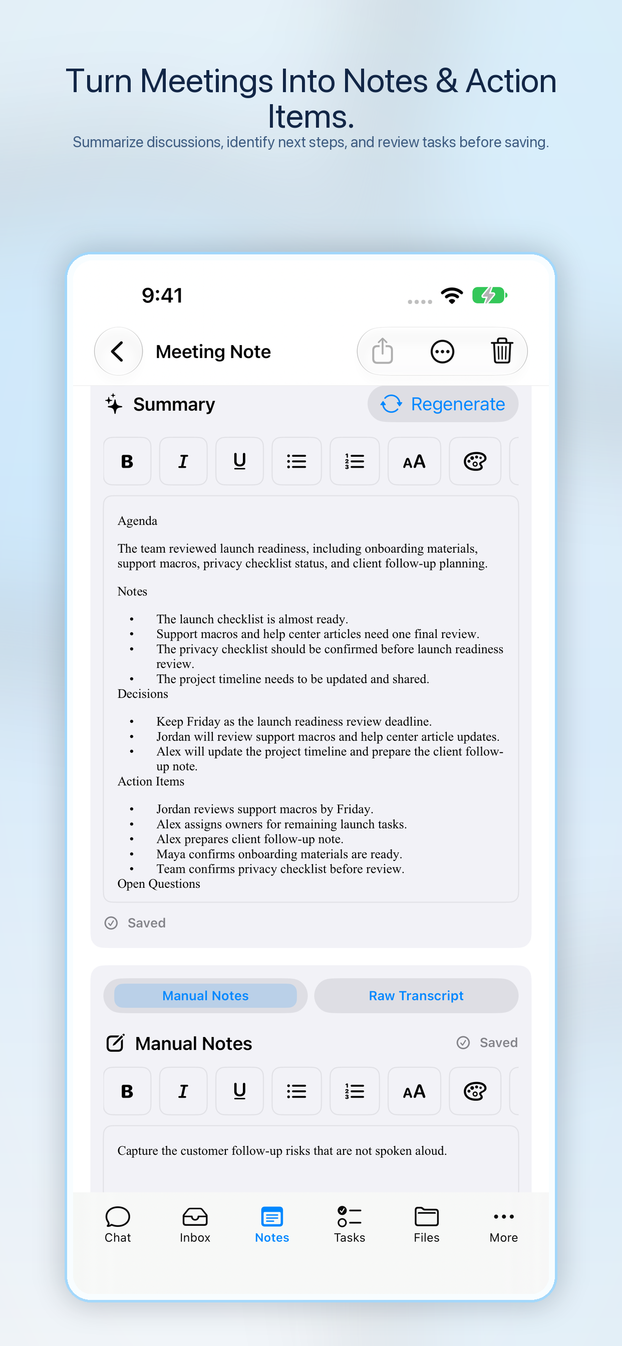Pepper OfflineAI on iPhone: Turn Meetings Into Notes & Action Items.. Summarize discussions, identify next steps, and review tasks before saving.