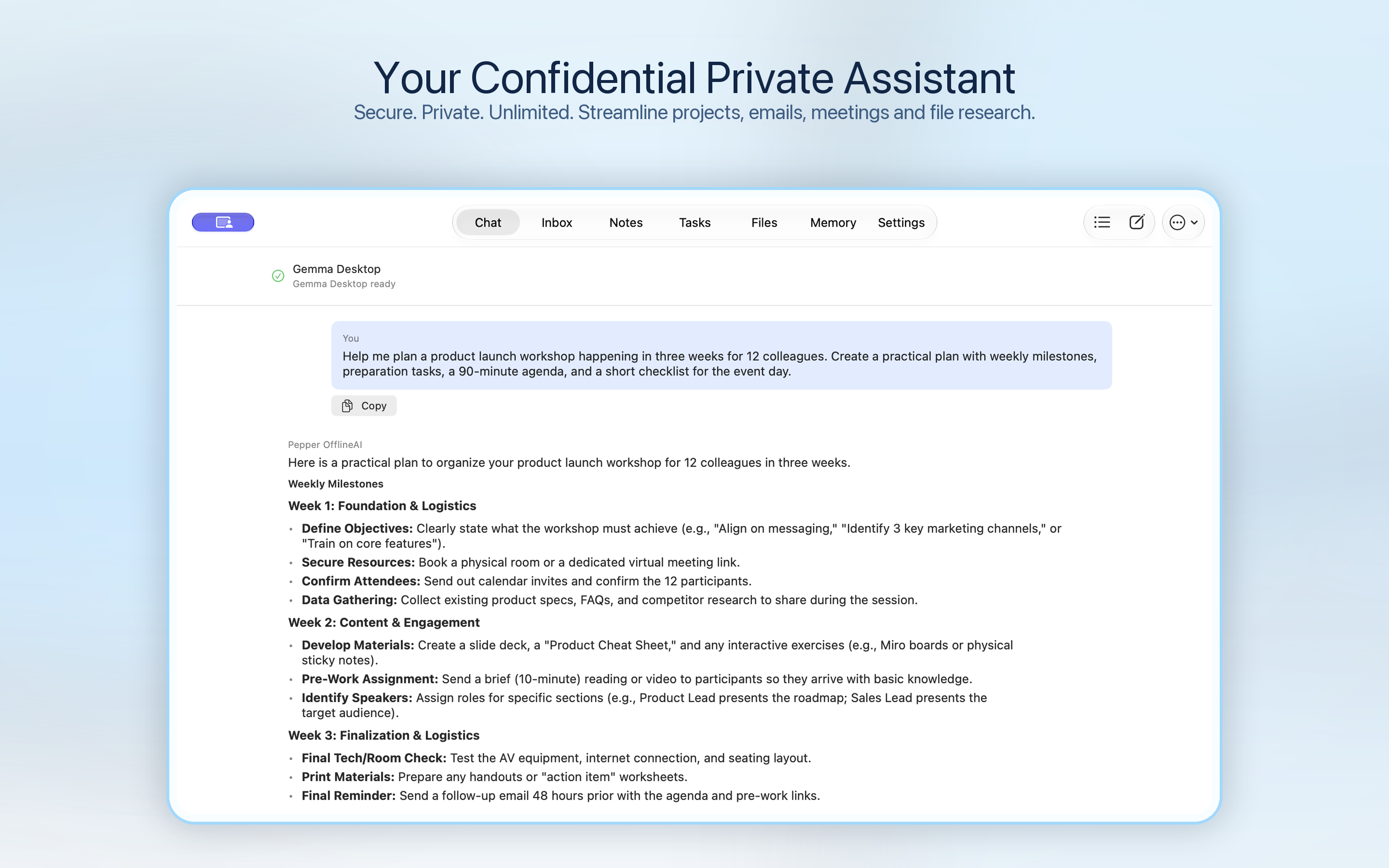 Pepper OfflineAI on Mac: Your Confidential Private Assistant. Gemma Desktop ready with a completed project-planning conversation.