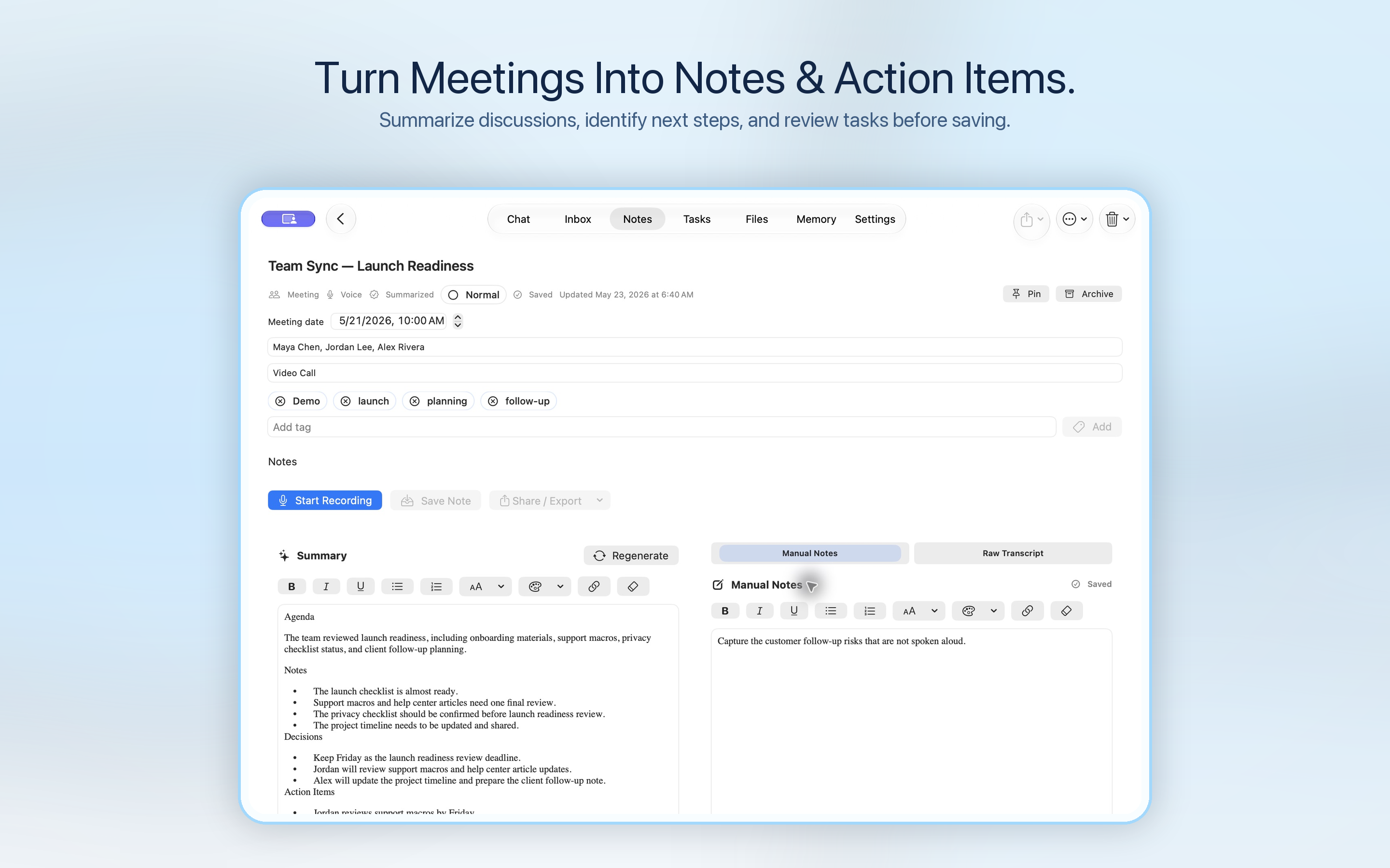 Pepper OfflineAI on Mac: Turn Meetings Into Notes & Action Items.. Summarize discussions, identify next steps, and review tasks before saving.