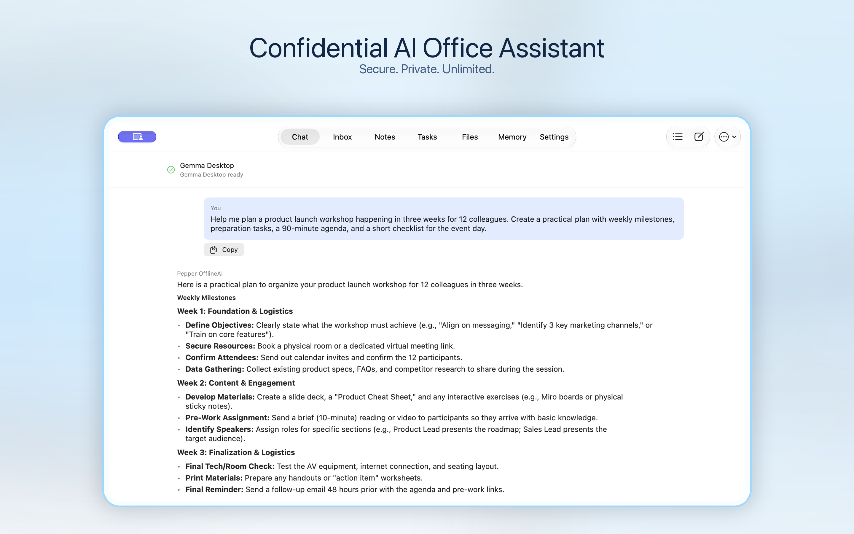 Pepper OfflineAI on Mac: Confidential AI Office Assistant. Gemma Desktop ready with a completed project-launch workshop planning conversation.