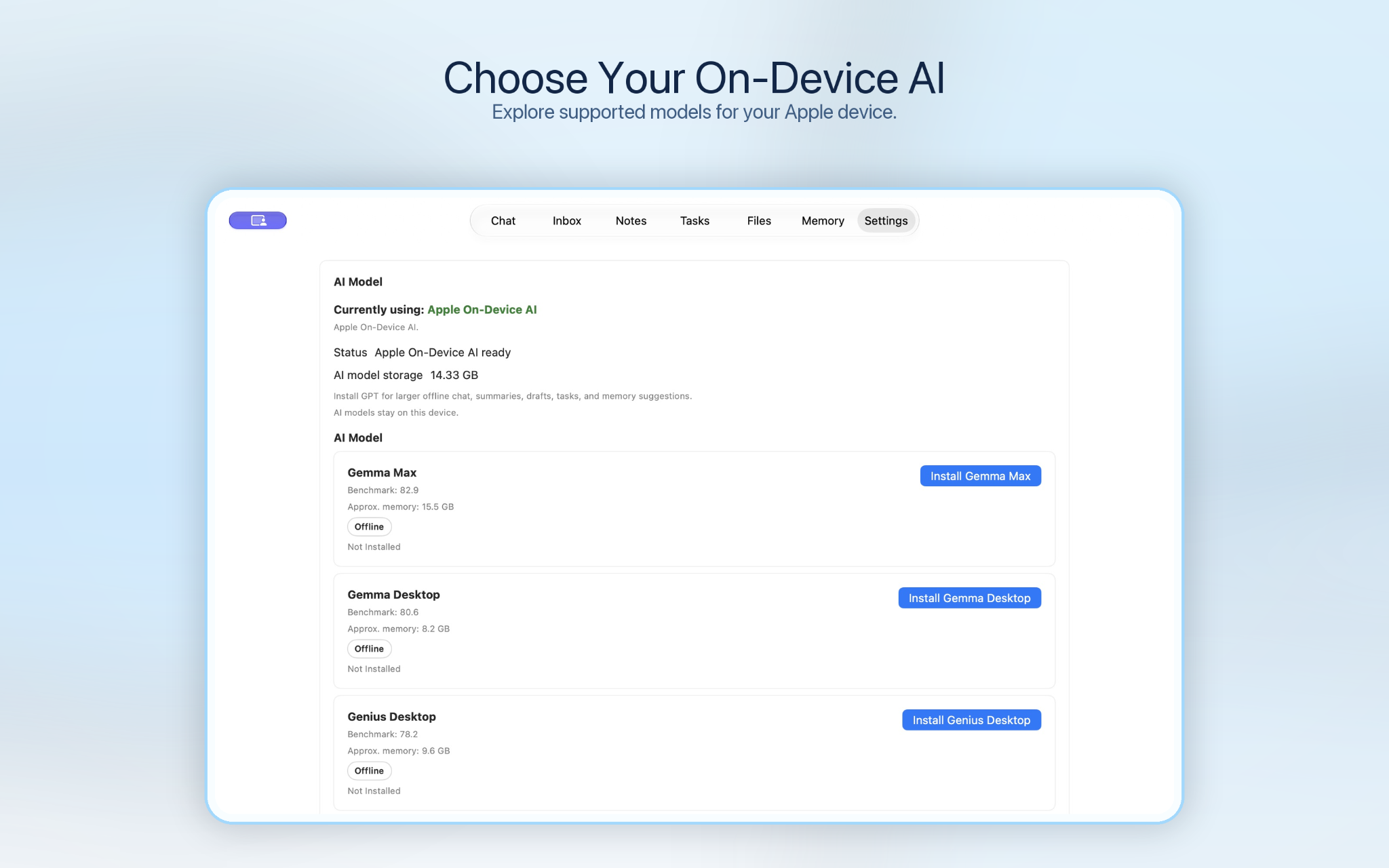 Pepper Settings on Mac showing Apple On-Device AI selected and Gemma Max, Gemma Desktop and Genius Desktop model options.