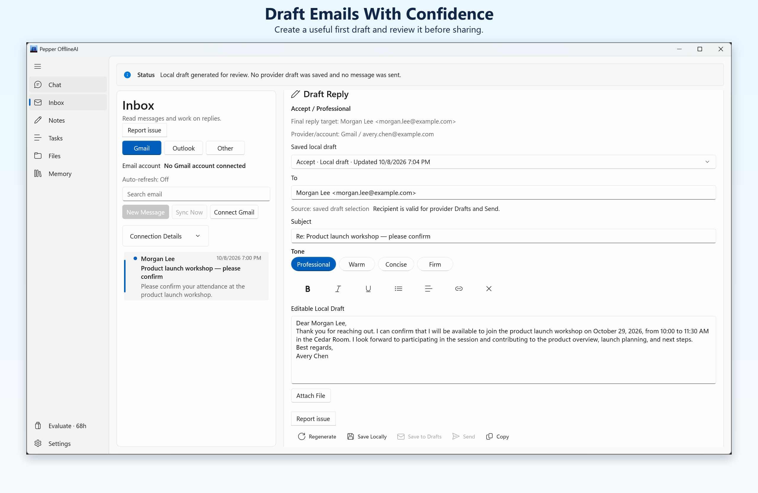 Pepper for Windows Inbox showing a locally generated email reply with recipients, subject, tone controls, and editable draft text.