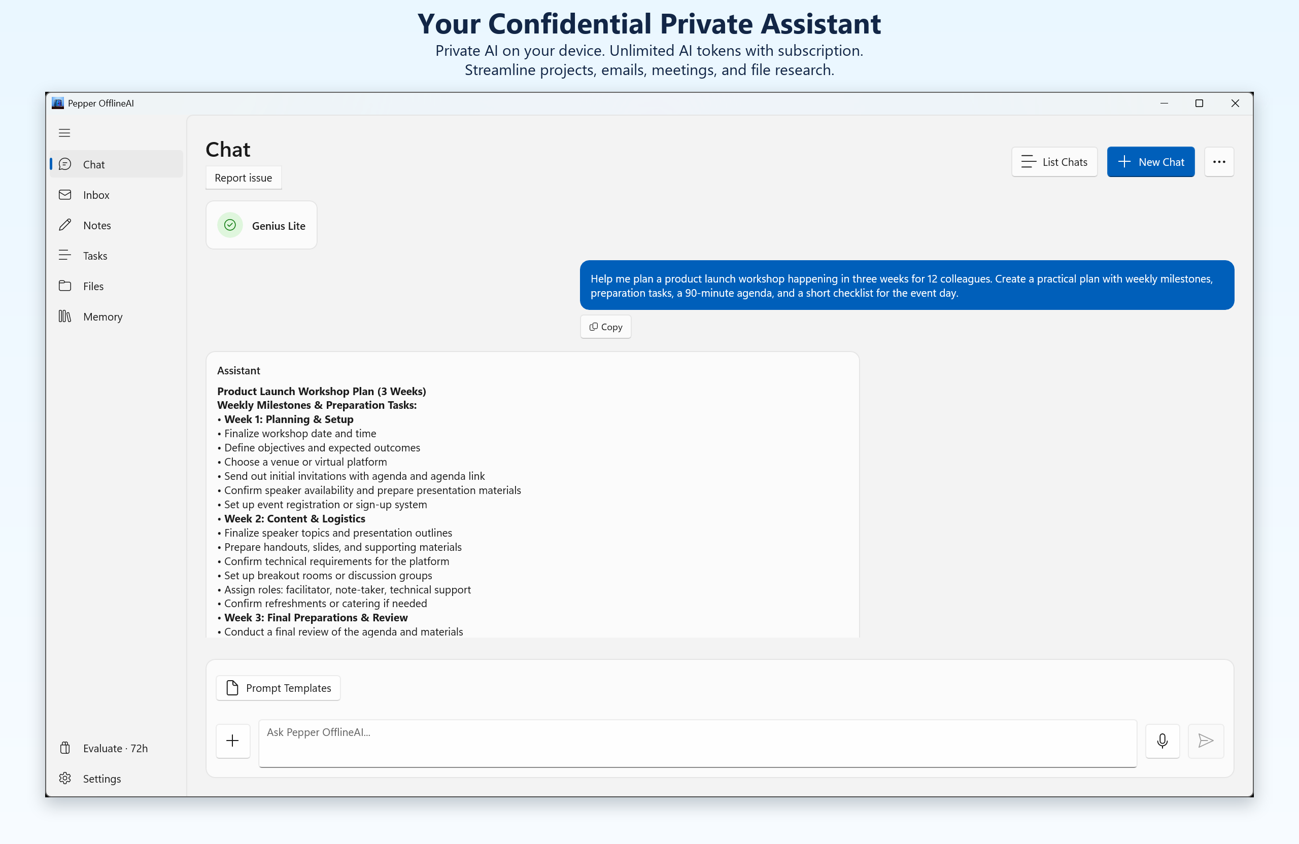 Pepper for Windows showing a project-planning conversation with its local AI assistant.