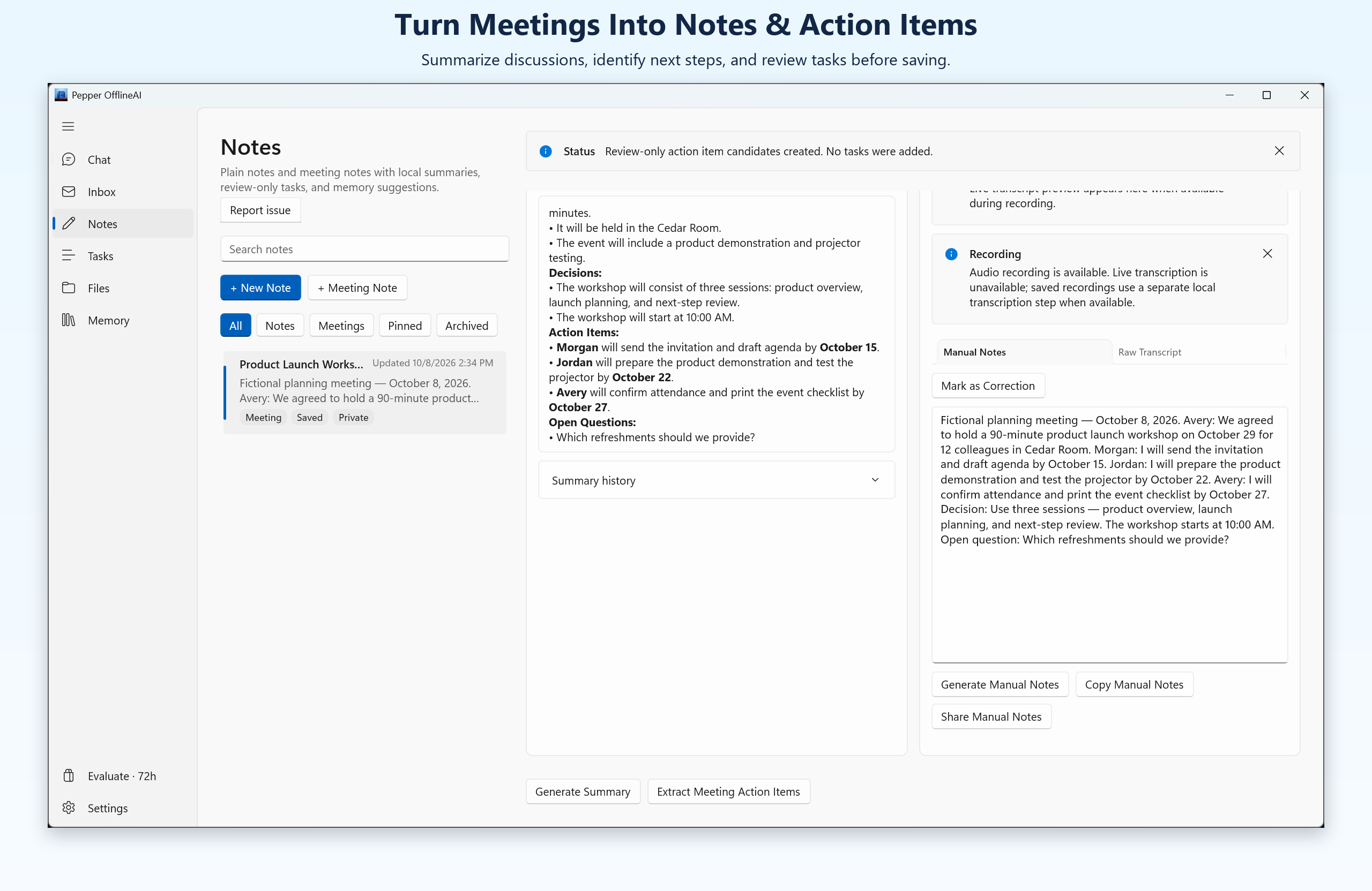 Pepper for Windows showing a meeting summary and proposed action items.